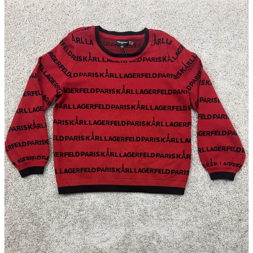 NWT Karl Lagerfeld Paris Womens L Red Black Logo Crew Neck Knit Sweater Pullover